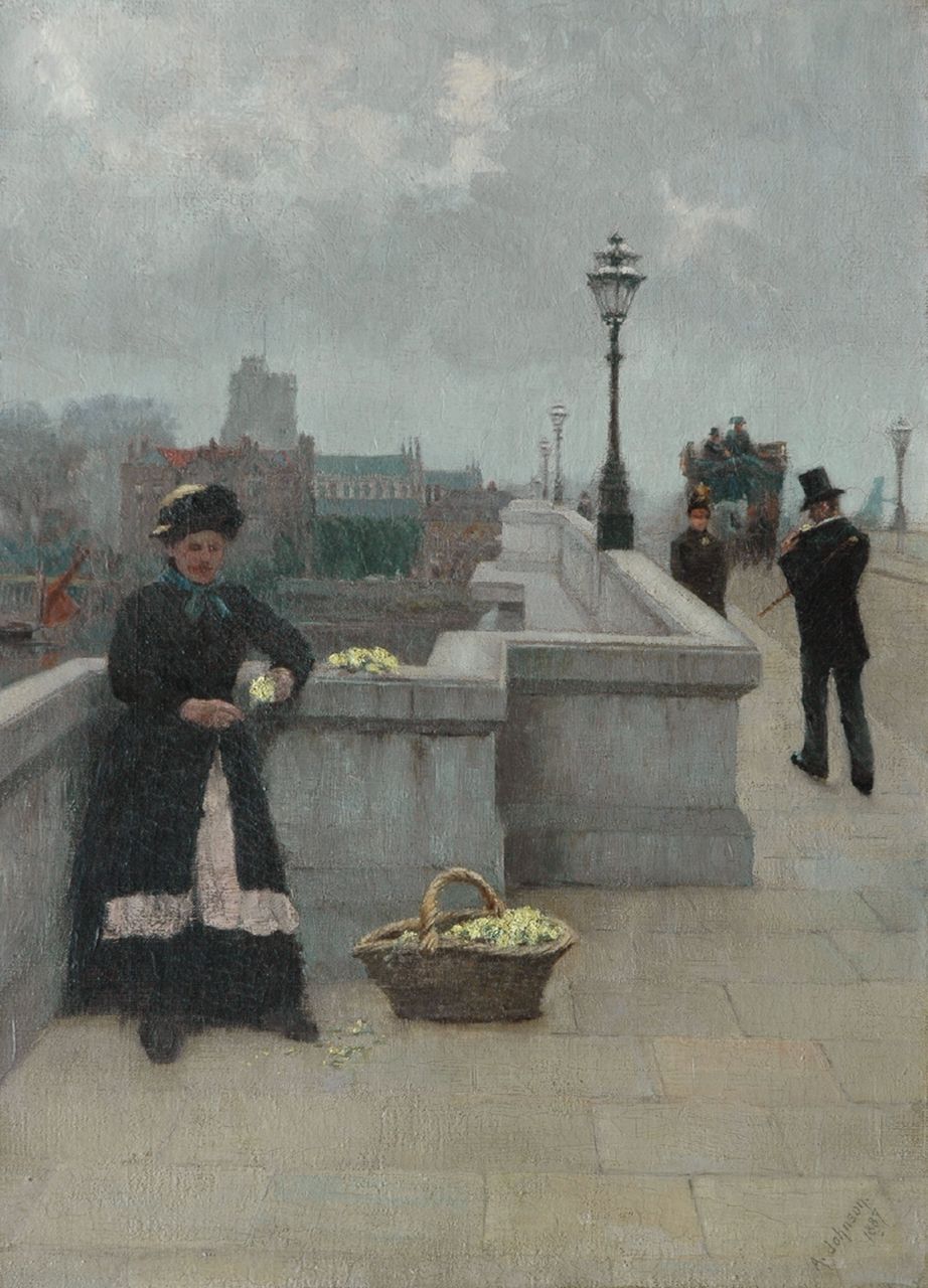 Johnson A.  | Alfred Johnson, Flower-girl on the Putney Bridge, London, Öl auf Leinwand 45,7 x 33,1 cm, signed l.r. und dated 1887