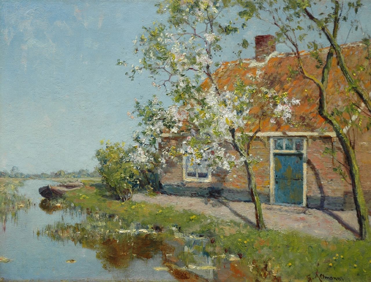 Altmann G.  | Gerard Altmann, Farm and blossom tree along a canal, Öl auf Leinwand 30,7 x 40,9 cm, signed l.r.