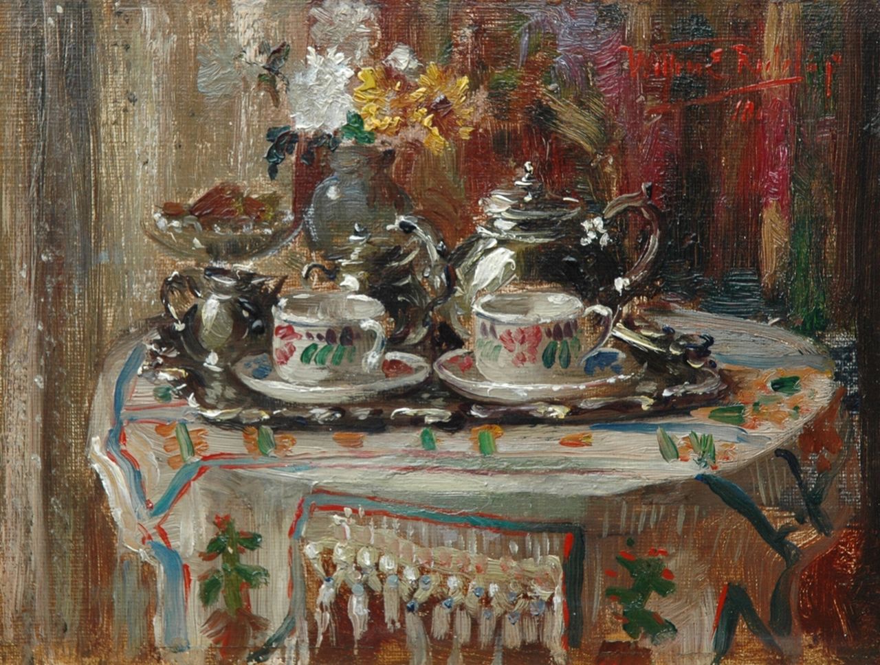 Roelofs jr. W.E.  | Willem Elisa Roelofs jr., The tea table, Öl auf Malereifaser 14,0 x 19,5 cm, signed u.r. and on the reverse