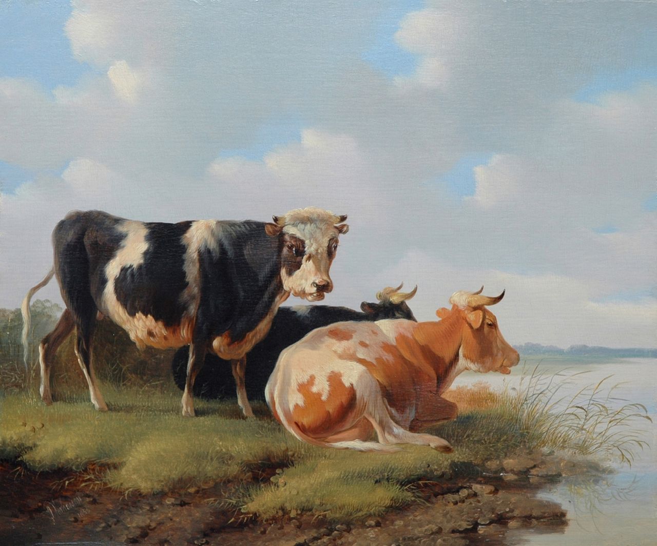 Verhoesen A.  | Albertus Verhoesen, A bull and cows near the water, Öl auf Holz 27,9 x 33,7 cm, signed l.l. und painted 1856