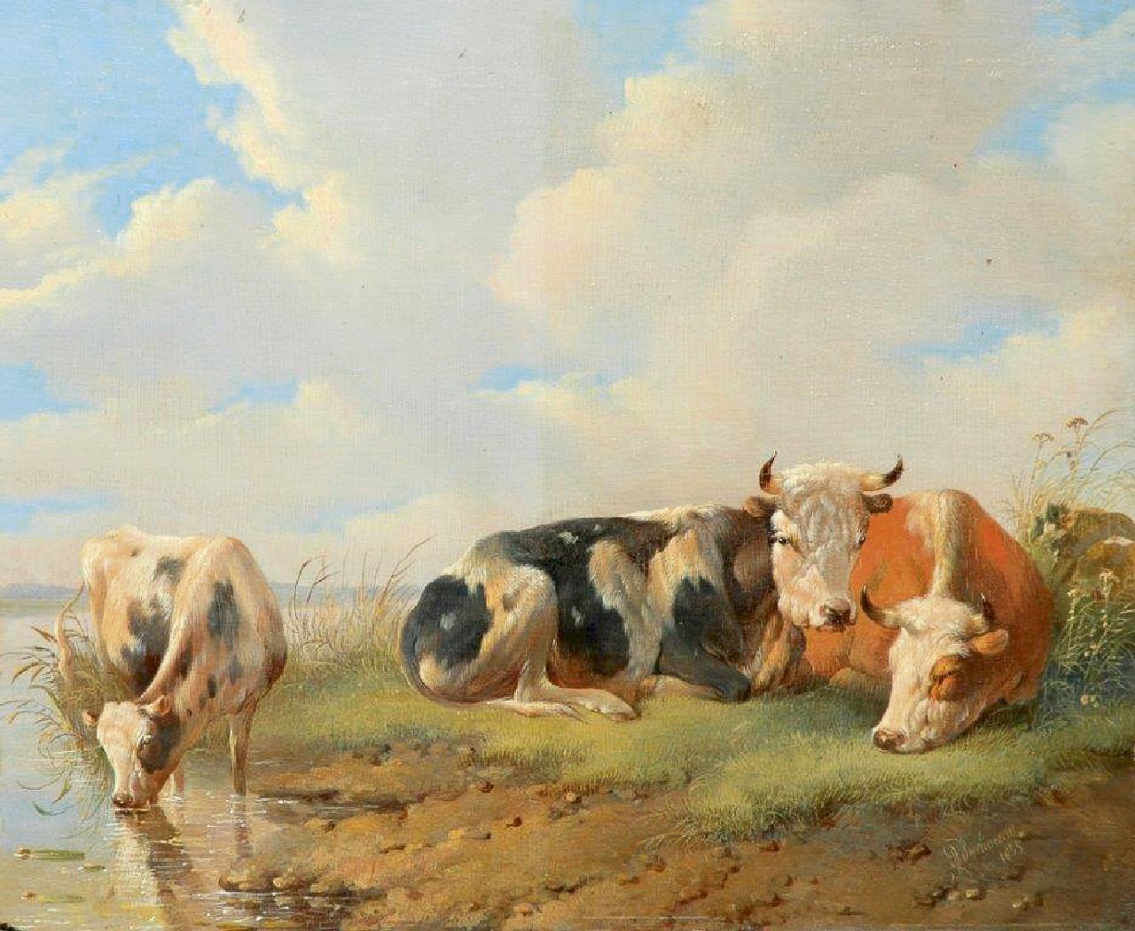 Verhoesen A.  | Albertus Verhoesen, Ruhendes und trinkendes Vieh am Wasser, Öl auf Holz 27,8 x 33,7 cm, Unterzeichnet r.u. und datiert 1855