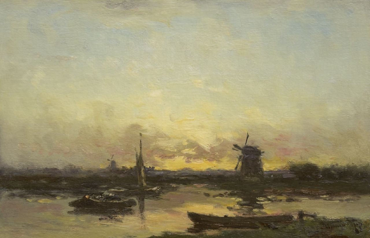 Rip W.C.  | 'Willem' Cornelis Rip | Gemälde zum Verkauf angeboten | Poldermühlen und Schiffe bei Sonnenuntergang, Öl auf Leinwand 36,9 x 55,5 cm, Unterzeichnet r.u.