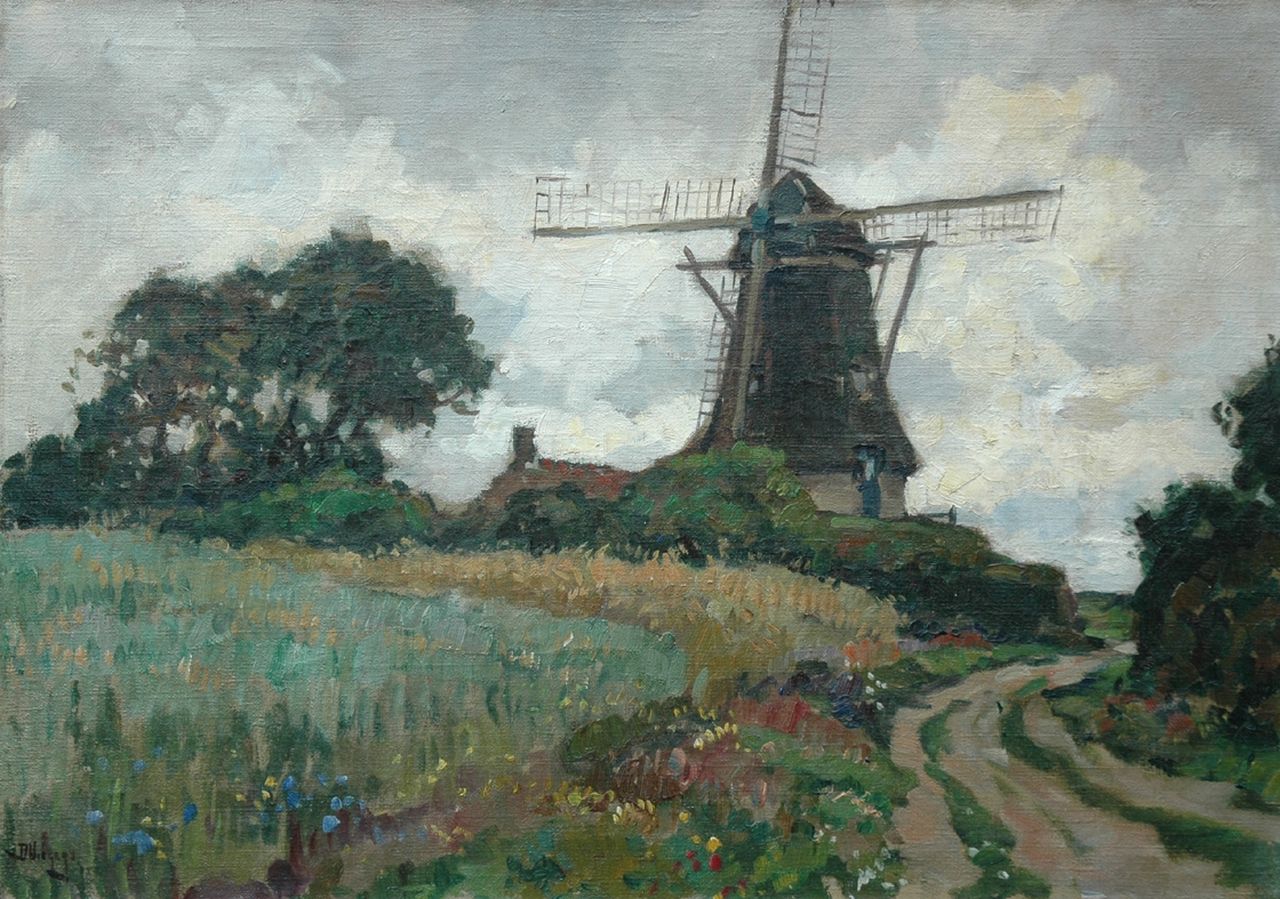 Viegers B.P.  | Bernardus Petrus 'Ben' Viegers, A view of the windmill 'De Duif' in Nunspeet, Öl auf Leinwand 50,3 x 70,2 cm, signed l.l.