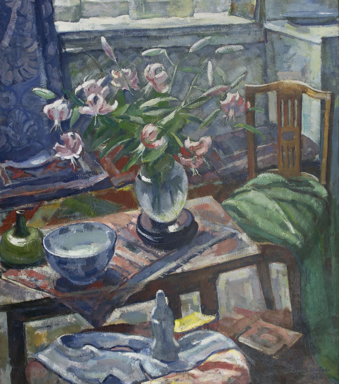Koning R.  | Roeland Koning, Sitzecke mit einer Vase mit Lilien, Öl auf Leinwand 161,3 x 139,7 cm, Unterzeichnet r.u. und datiert 1980