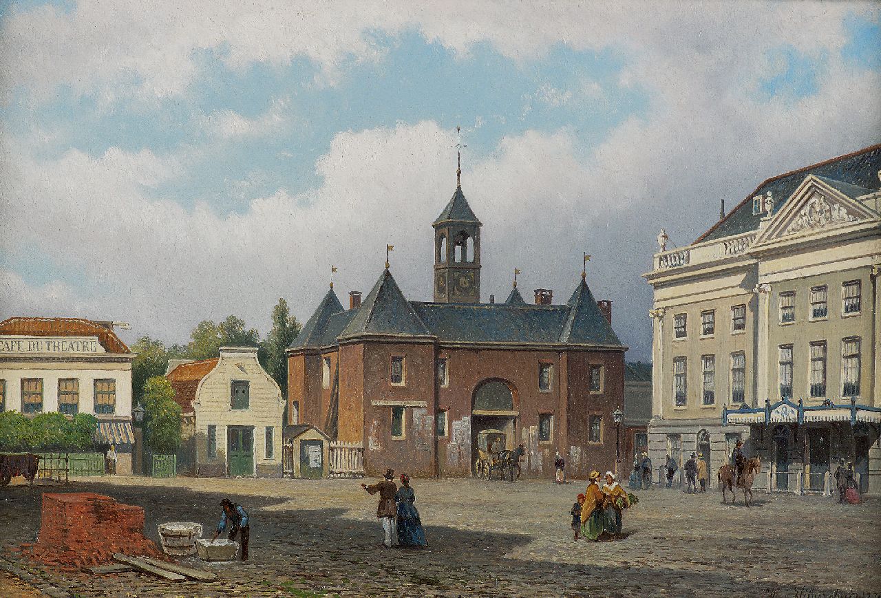 Hilverdink E.A.  | Eduard Alexander Hilverdink, The Leidse Plein, Amsterdam, with the Leidsche Poort and the former Stadsschouwburg, Öl auf Holz 21,7 x 32,5 cm, signed l.r. und dated 1876