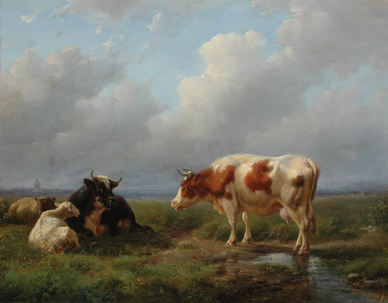 Tom J.B.  | Jan Bedijs Tom, Cattle and sheep in a meadow, Öl auf Holz 27,6 x 34,8 cm, signed l.r. with initials