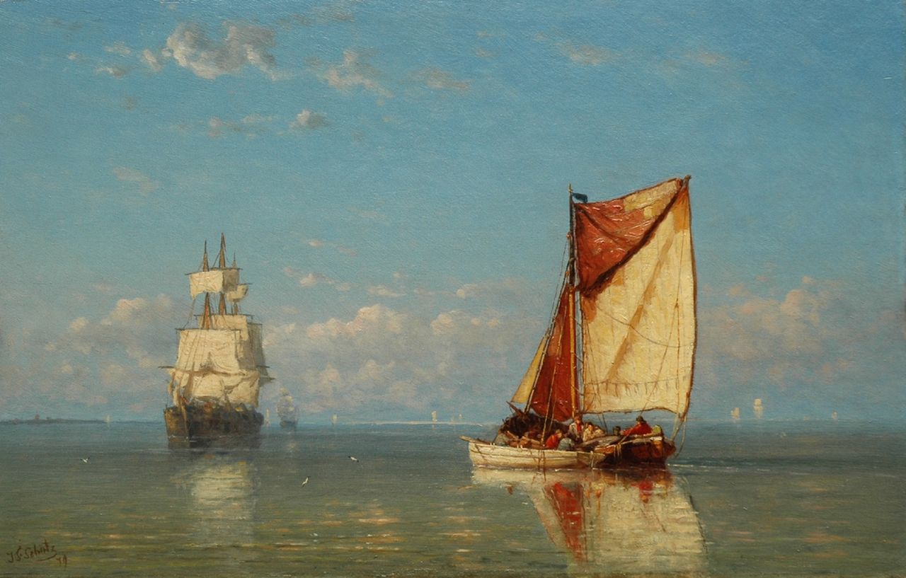 Schütz J.F.  | Jan Frederik Schütz, Dreimaster und Fischerboot auf seeländichem Wasser, Öl auf Holz 32,6 x 50,8 cm, Unterzeichnet l.u. und datiert '79