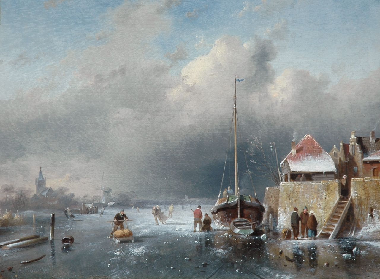 Leickert C.H.J.  | 'Charles' Henri Joseph Leickert, Skaters on a Dutch waterway, an approaching blizzard in the distance, Öl auf Holz 24,2 x 31,2 cm, signed l.l. und dated '64