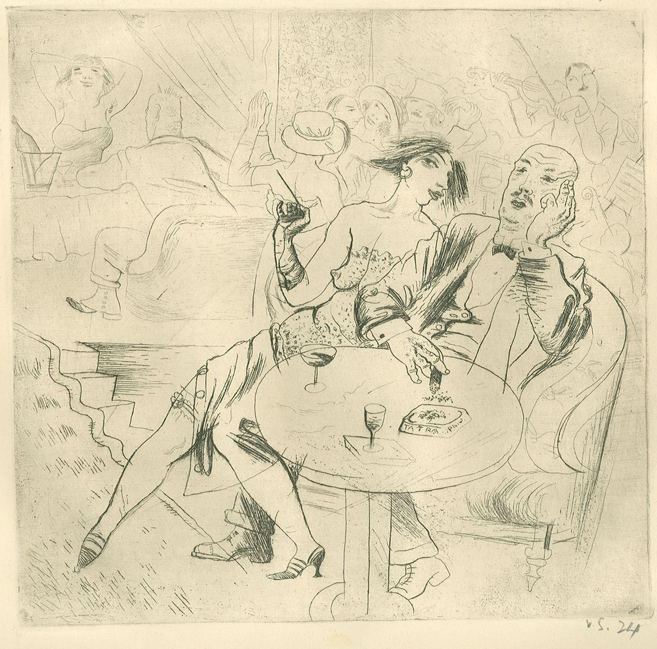Sychra V.  | Vladimir Sychra | Grafik zum Verkauf angeboten | Szene in einem Nachtklub, Radierung auf Papier 19,0 x 19,3 cm, Unterzeichnet r.u. in Bleistift 'v.s.' und datiert 1924