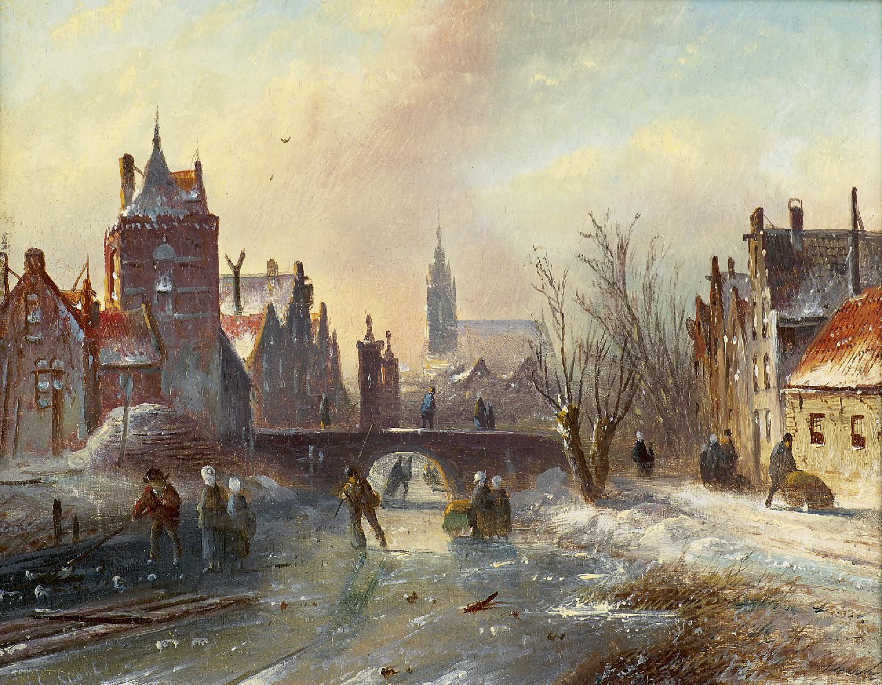Spohler J.J.C.  | Jacob Jan Coenraad Spohler, Skaters on a canal in winter, Öl auf Holz 16,0 x 21,0 cm, signed l.r.