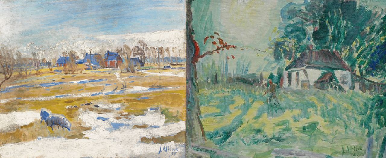 Altink J.  | Jan Altink, Winter landscape with farms; verso: farmer on farmyard, Öl auf Leinwand 51,8 x 60,5 cm, signed l.r. und datiert '35