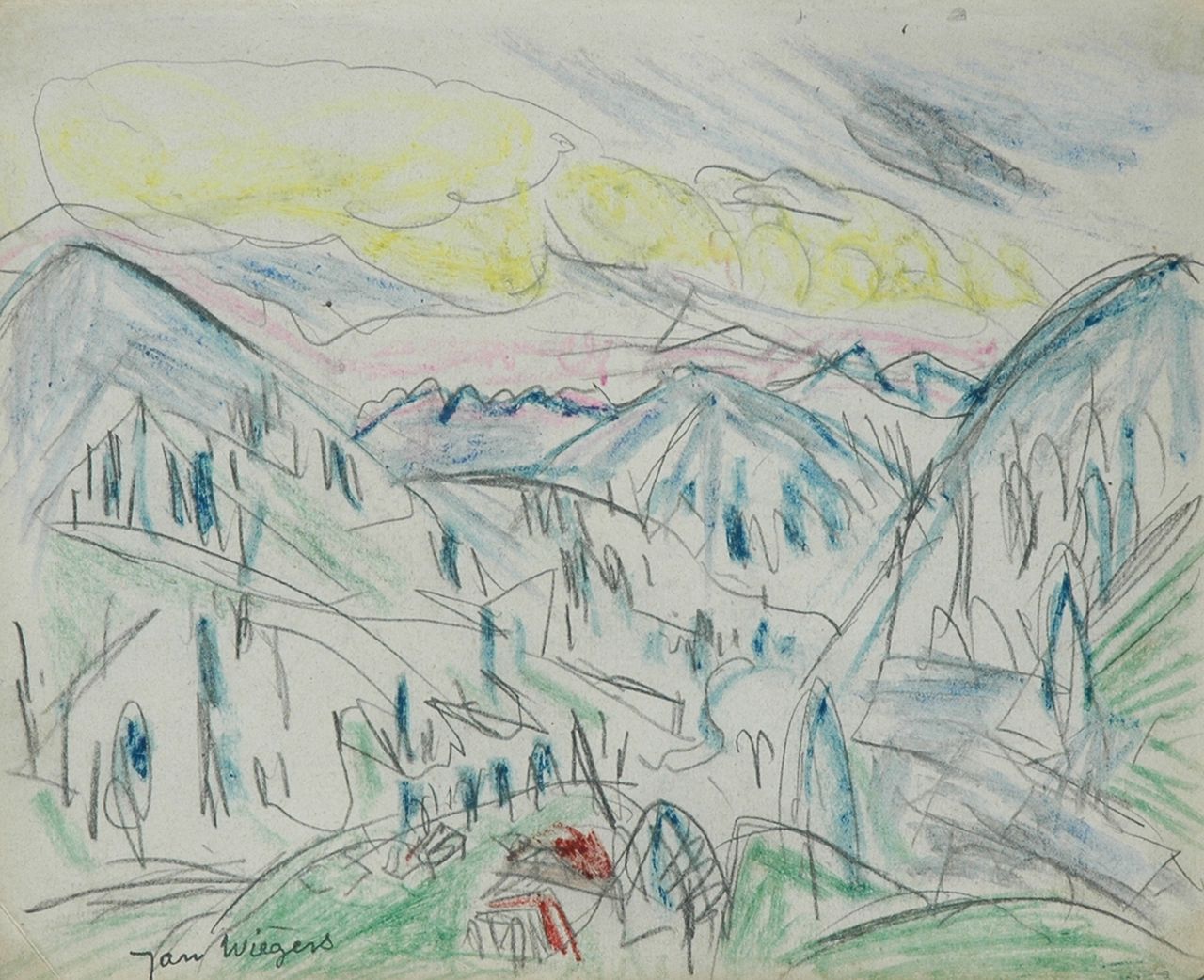 Wiegers J.  | Jan Wiegers, Mountain landscape Davos; verso: sketch of a boy, Bleistift und Wachskreide auf Papier 17,5 x 21,7 cm, signed l.l. with stamp