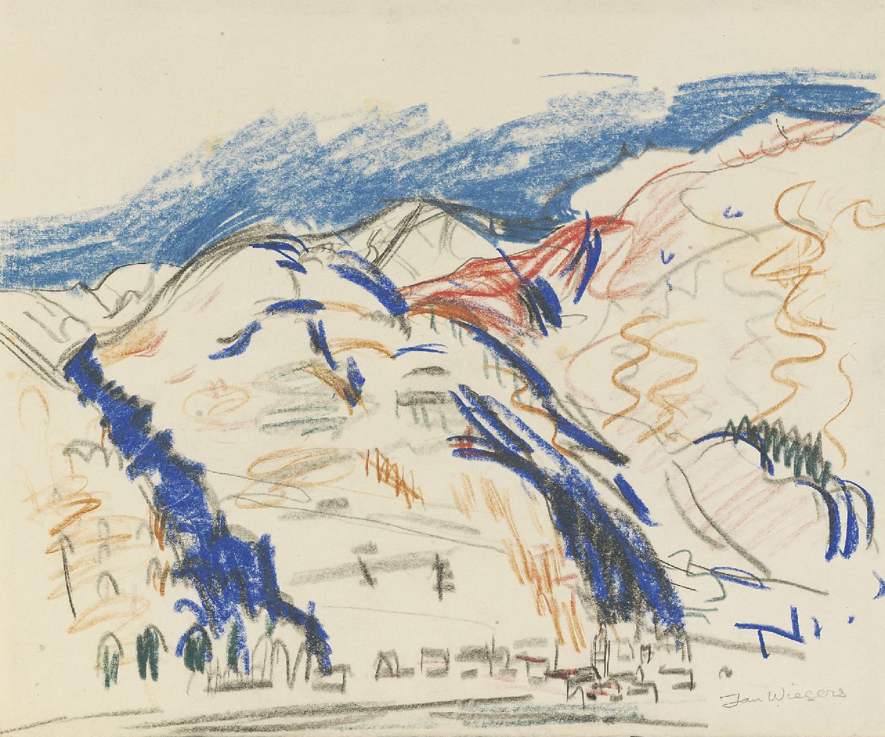 Wiegers J.  | Jan Wiegers, Mountain landscape near Davos, Schwarze Kreide, Farbbleistift und Wachskreide auf Papier 23,7 x 28,5 cm, signed l.r.