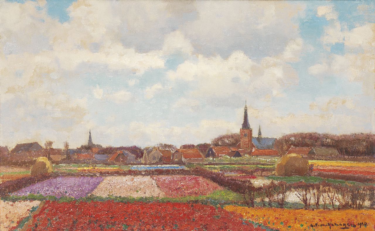 Schagen G.F. van | Gerbrand Frederik van Schagen, Bumenzwiebelfelder bei Hillegom, Öl auf Leinwand 32,5 x 50,5 cm, Unterzeichnet r.u. und datiert 1934