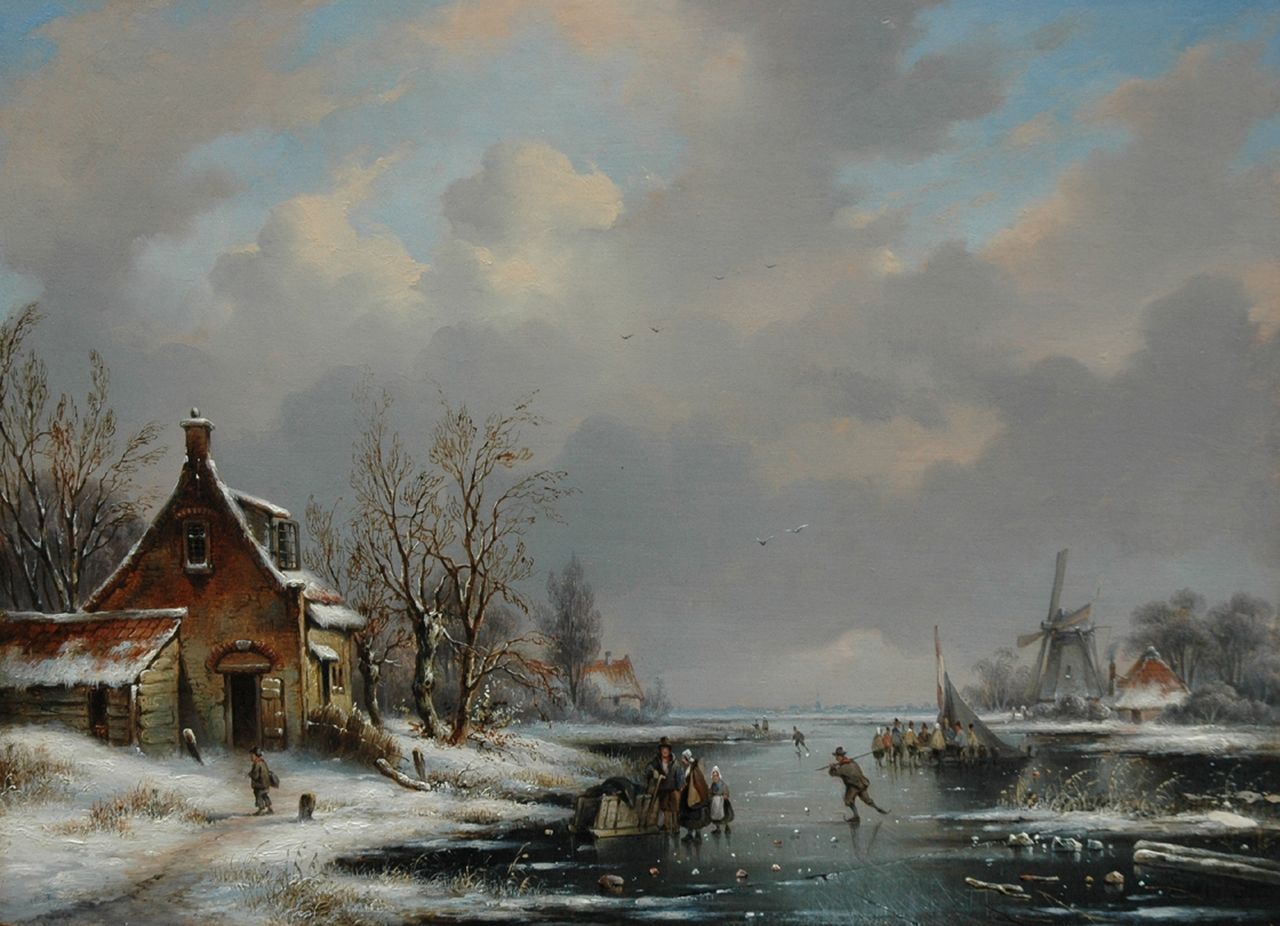 Hendriks G.  | Gerardus 'George Henry' Hendriks, A winter scene with a mill, a farmer's shed and skaters on a frozen river, Öl auf Holz 28,6 x 39,2 cm