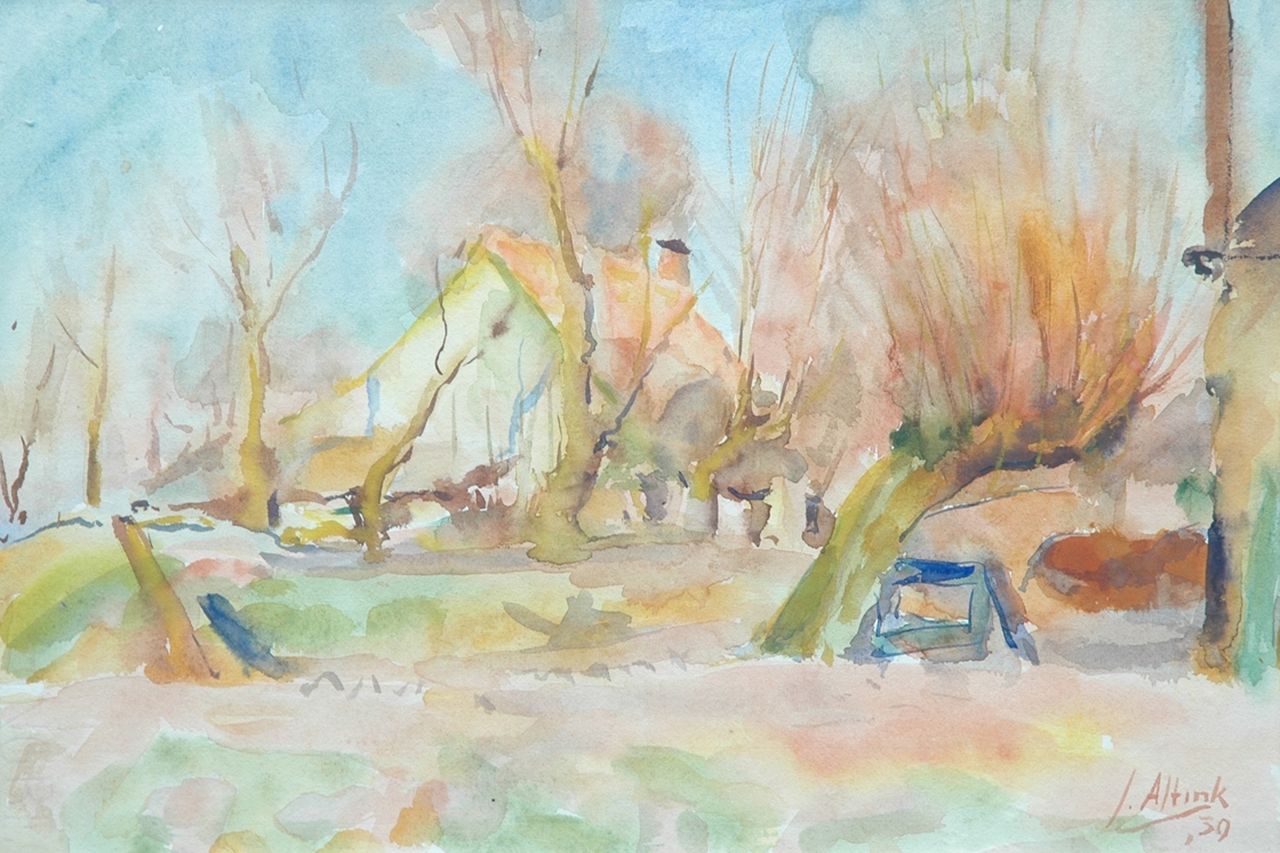 Altink J.  | Jan Altink, Farmhouse behind pollard willows, Aquarell auf Papier 31,5 x 44,0 cm, signed l.r. und datiert '39