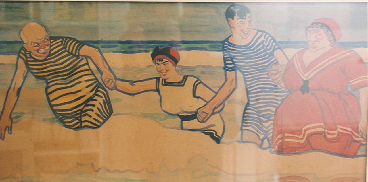 Sluiter J.W.  | Jan Willem 'Willy' Sluiter, A family in the surf, Aquarell auf Papier 42,5 x 85,5 cm, signed u.l.