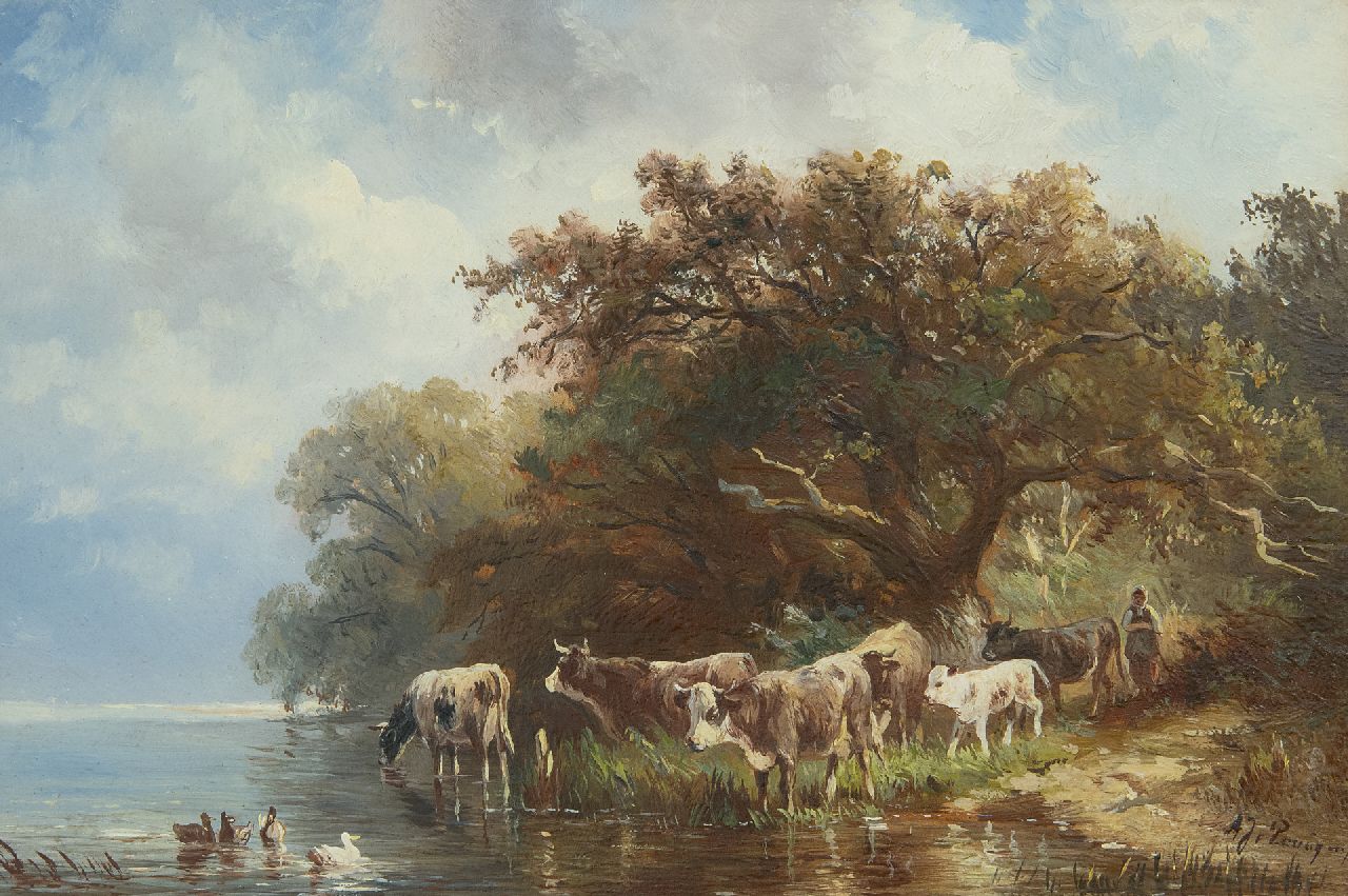 Prooijen A.J. van | Albert Jurardus van Prooijen | Gemälde zum Verkauf angeboten | Hirtin mit Kühen am Ufer eines Flusses, Öl auf Holz 19,7 x 29,1 cm, Unterzeichnet r.u.