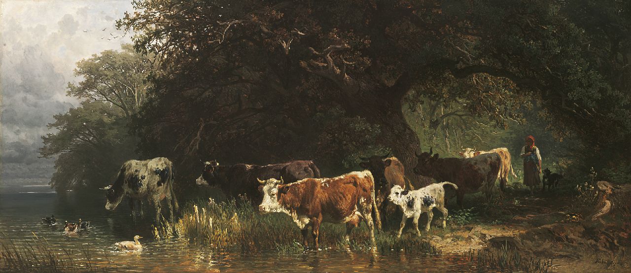 Voltz J.F.  | Johann 'Friedrich' Voltz, Cattle by the Starnberger See, Öl auf Holz 39,6 x 90,4 cm, signed l.r. und dated '70