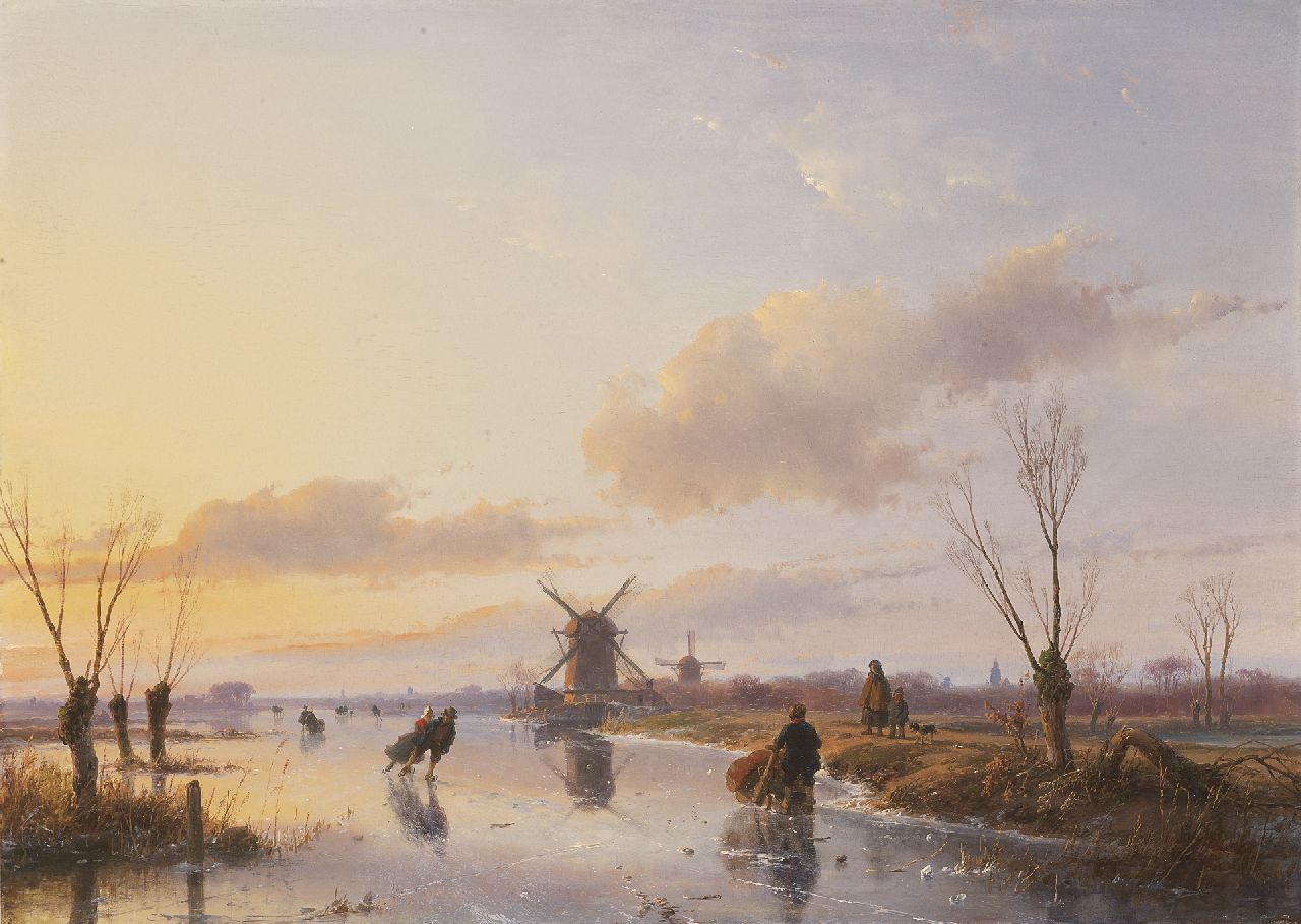 Schelfhout A.  | Andreas Schelfhout, Skaters on a Dutch waterway at sunset, Öl auf Holz 47,1 x 66,3 cm, signed l.r. und dated 1845