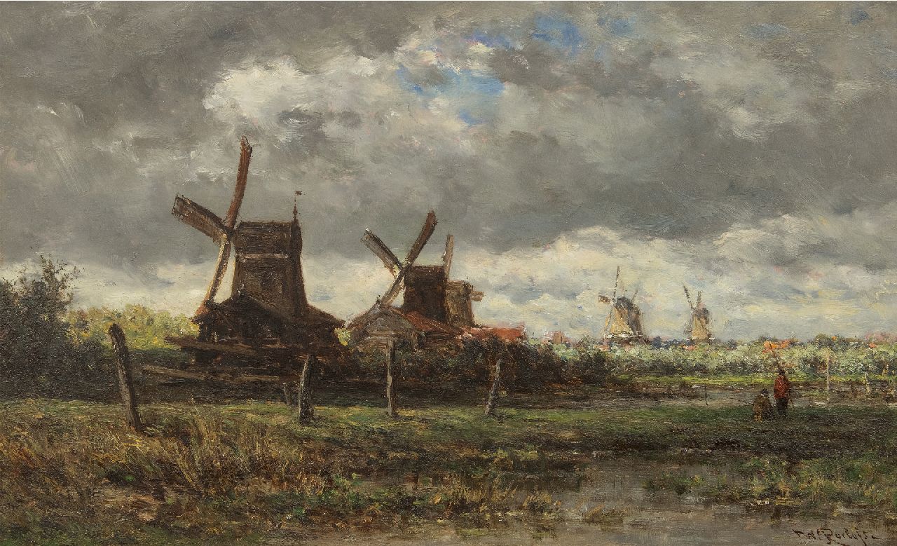 Roelofs W.  | Willem Roelofs, Sägemühlen entlang des Noordendijk in der Nähe von Dordrecht., Öl auf Holz 28,7 x 47,6 cm, Unterzeichnet r.u. und zu datieren um 1872-1875