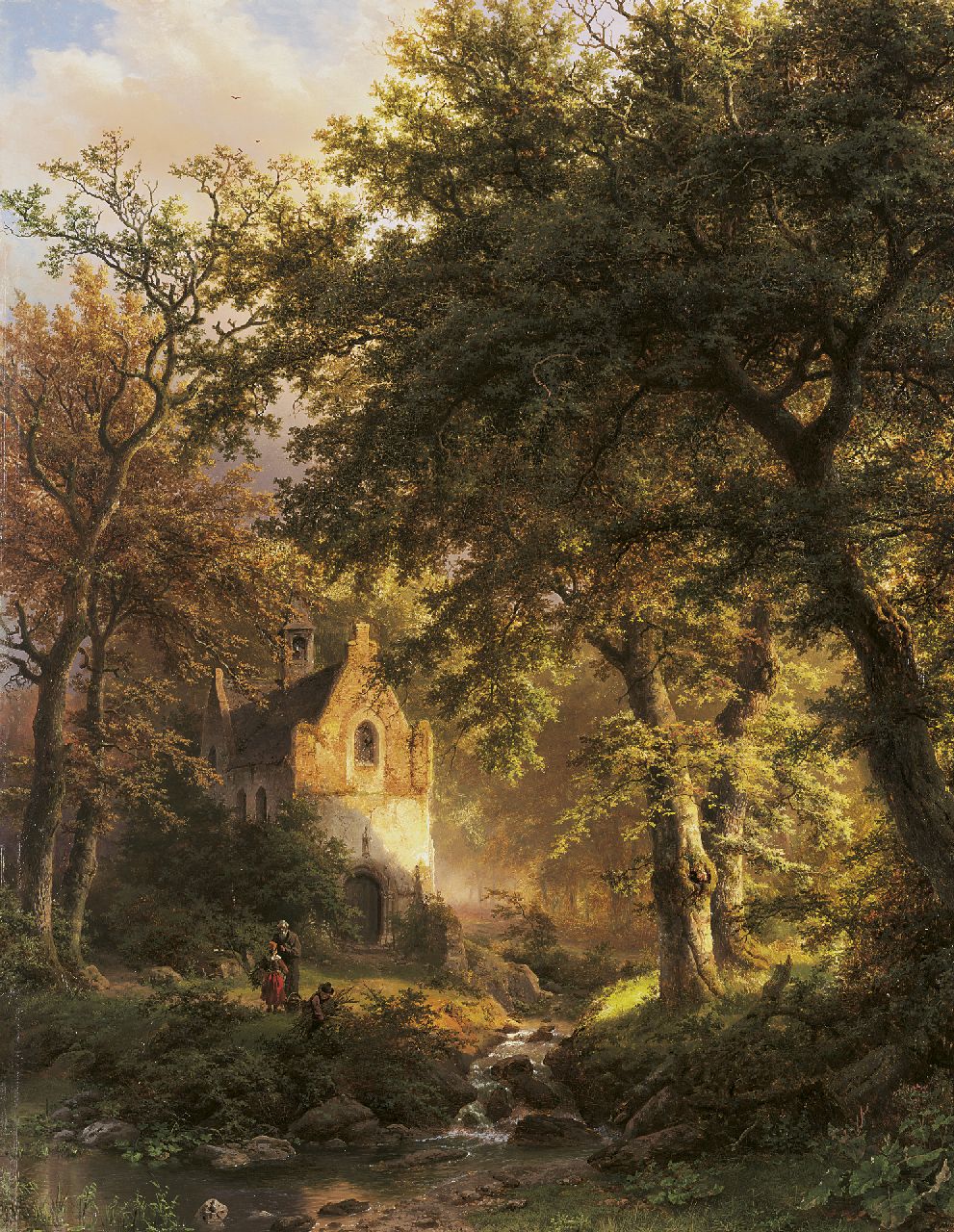 Koekkoek B.C.  | Barend Cornelis Koekkoek, A wooded landscape with a chapel at sunset, Öl auf Holz 97,3 x 80,4 cm, Unterzeichnet r.u. und datiert 1850