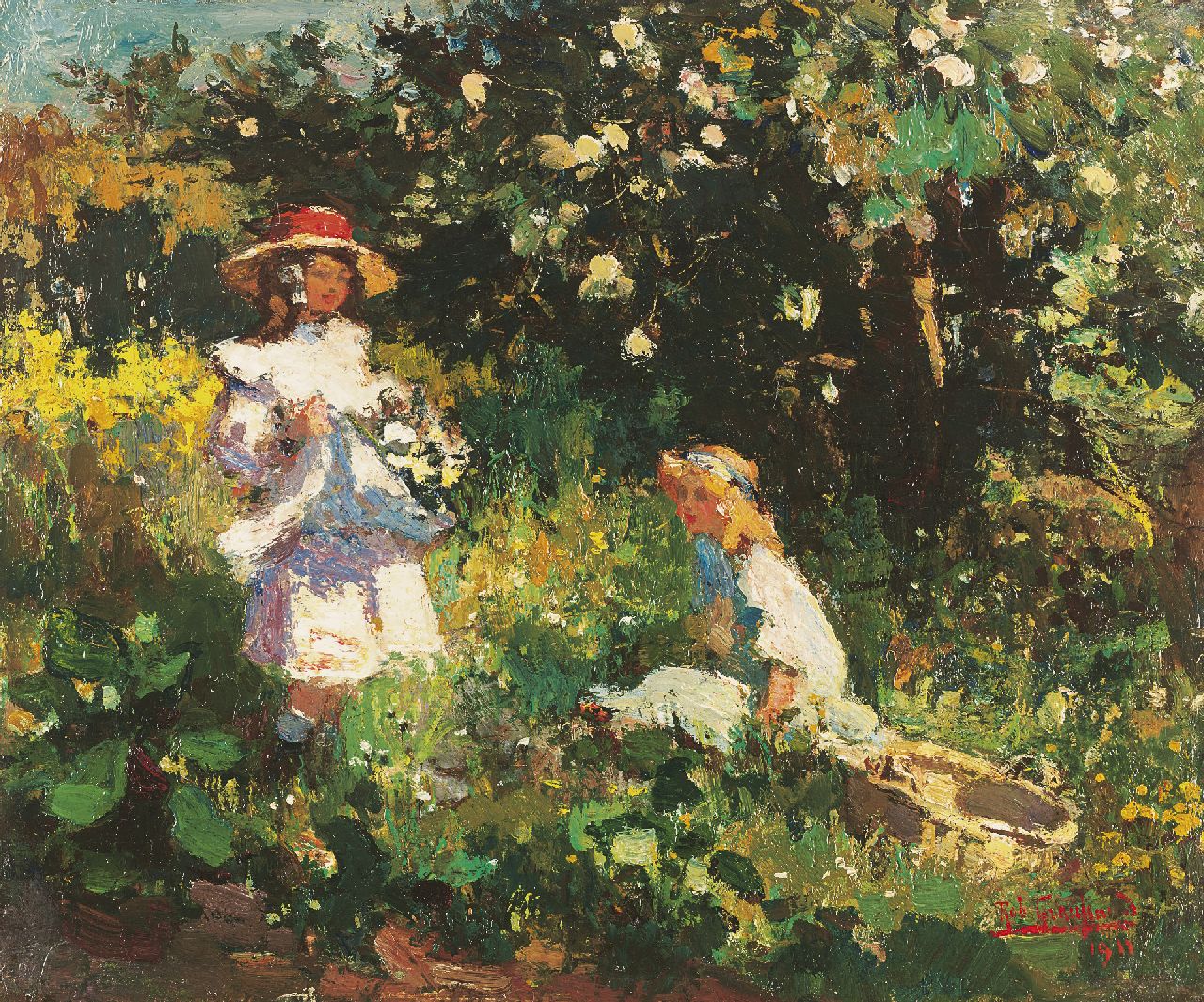 Graafland R.A.A.J.  | Robert Archibald Antonius Joan 'Rob' Graafland, Picking flowers, Öl auf Holz 28,2 x 33,6 cm, signed l.r. und dated 1911