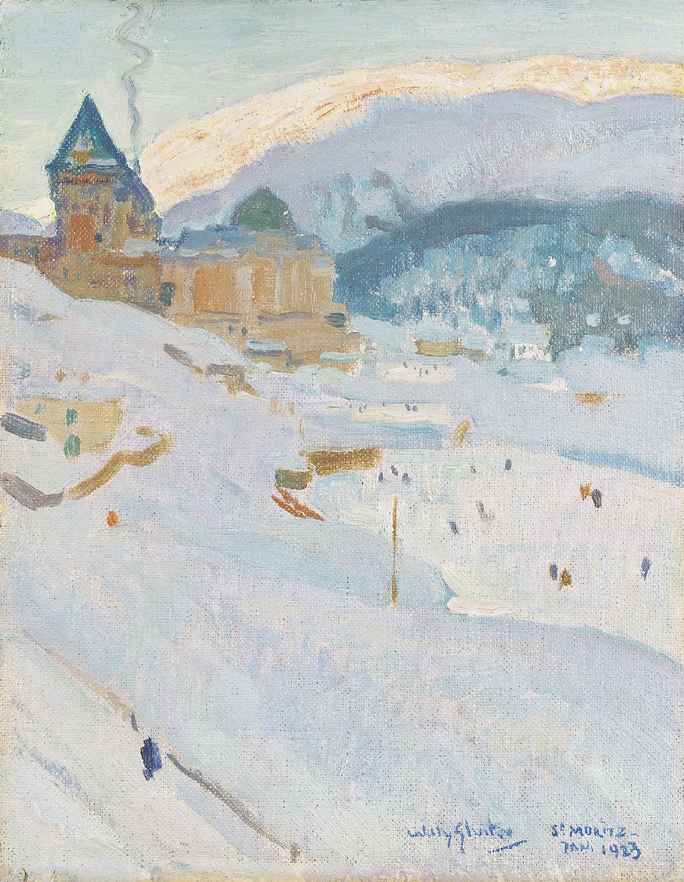 Sluiter J.W.  | Jan Willem 'Willy' Sluiter, St. Moritz with the Palace Hotel in winter, Öl auf Malereifaser 34,8 x 26,9 cm, signed l.r. und dated Jan. 1923