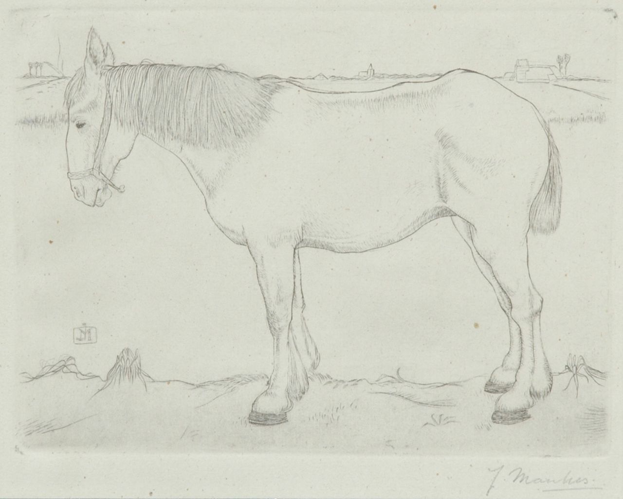 Mankes J.  | Jan Mankes, Standing horse, Kupferstich auf Papier 11,8 x 15,8 cm, signed l.r. in full and c.l. with monogram in the plate und executed in 1917