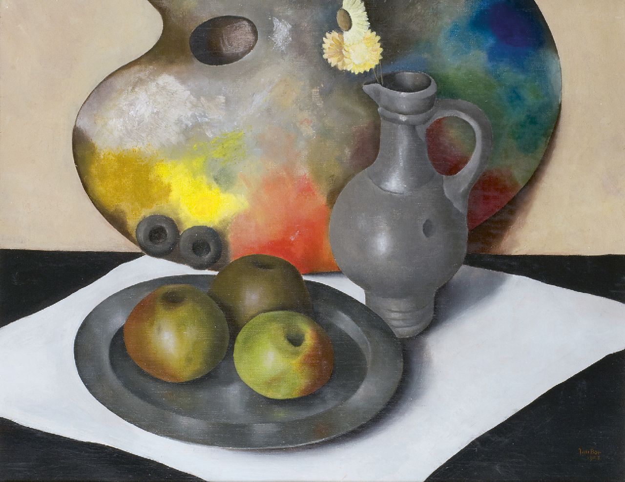 Bor J.  | Jan Bor, Still life with palette, apples, tinware and a jug, Öl auf Leinwand 39,8 x 50,3 cm, signed l.r. und dated 1943