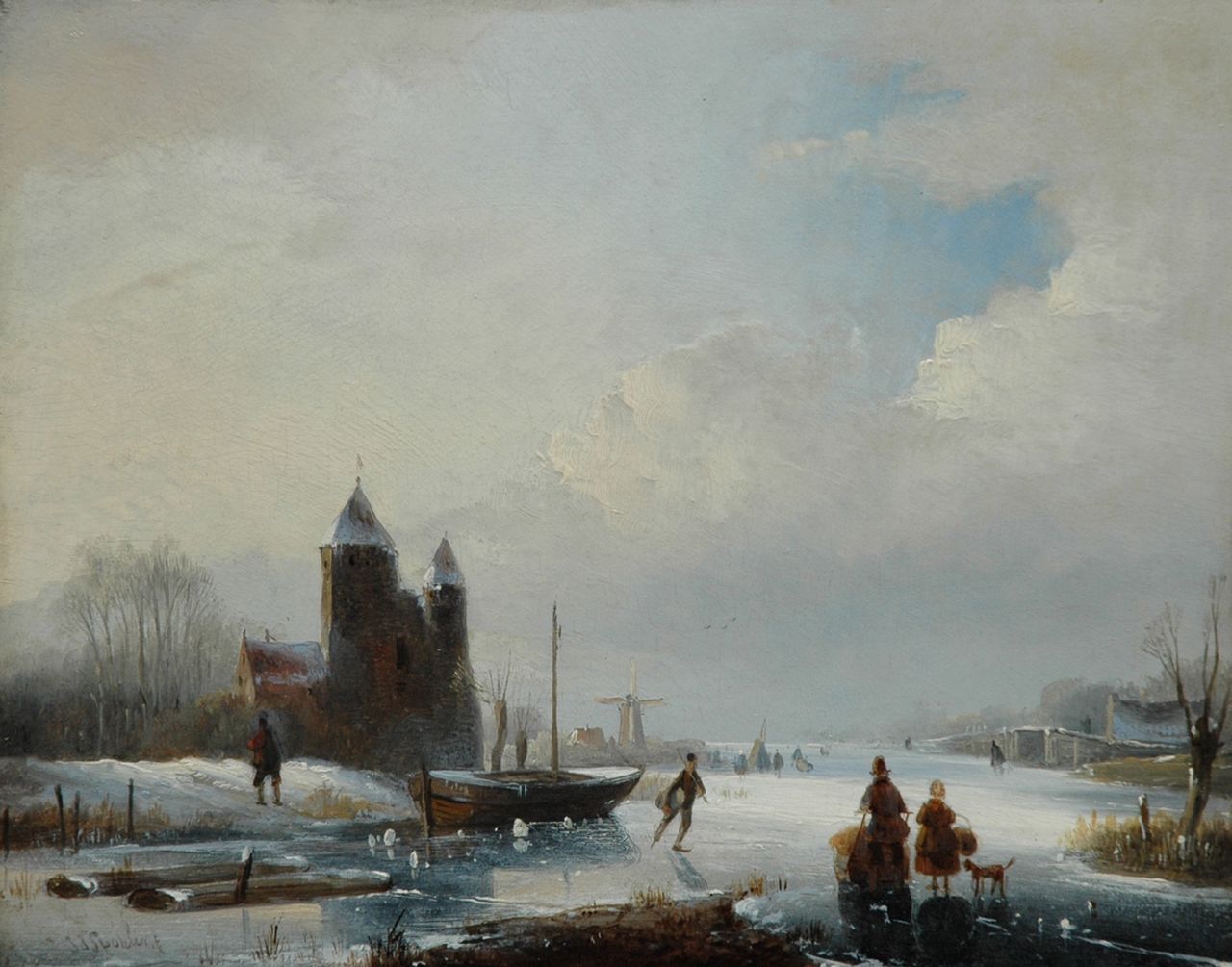 Spohler J.J.  | Jan Jacob Spohler, A winter landscape with skaters, Öl auf Holz 20,5 x 26,2 cm, signed l.l.
