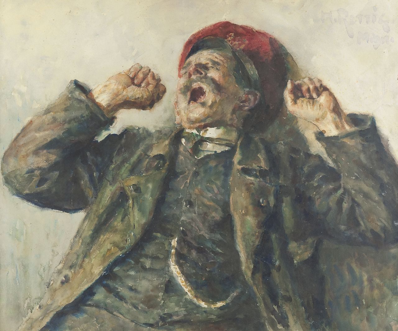 Rettig H.  | Heinrich Rettig, Yawning man, Aquarell auf Papier 71,0 x 86,0 cm, signed u.r.