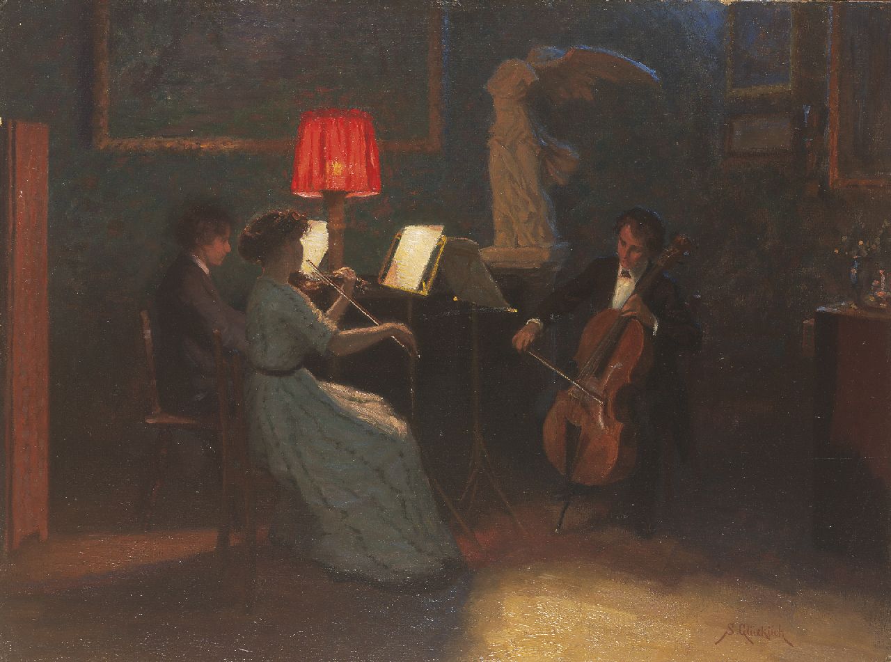 Simon Glücklich | Three musicians, Öl auf Holzfaser, 46,0 x 63,3 cm, signed l.r.
