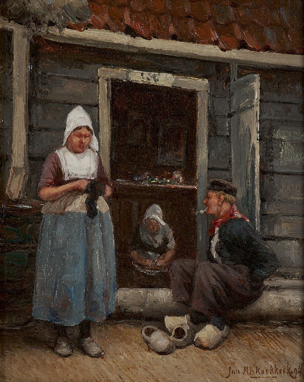 Koekkoek J.H.B.  | Johannes Hermanus Barend 'Jan H.B.' Koekkoek, Schwätzchen an der Haustür, Volendam, Öl auf Holz 25,2 x 19,7 cm, Unterzeichnet r.u. und datiert '94