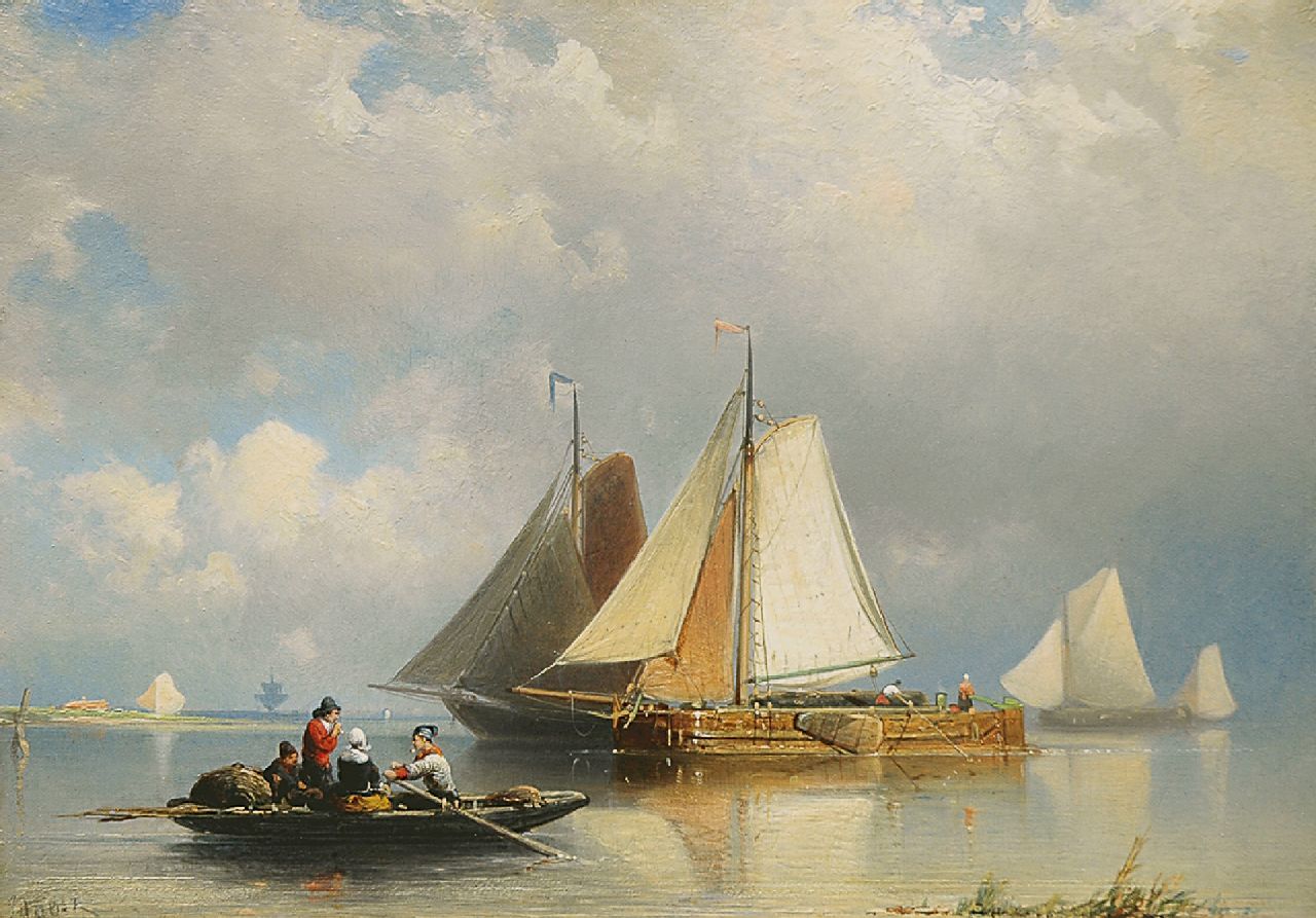 Rust J.A.  | Johan 'Adolph' Rust, Barges in shallow water in calm weather, Öl auf Holz 23,0 x 32,9 cm, signed l.l.