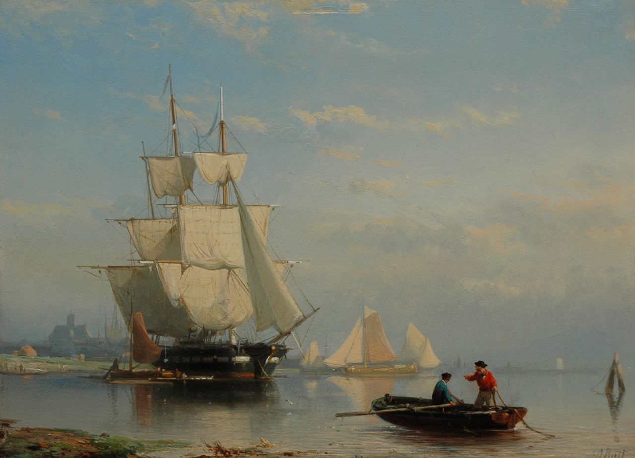 Rust J.A.  | Johan 'Adolph' Rust, Ships at anchor in a calm, Öl auf Holz 23,9 x 33,2 cm, signed l.r.