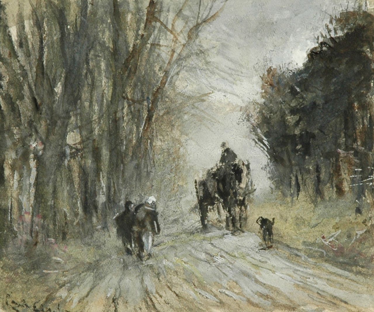 Apol L.F.H.  | Lodewijk Franciscus Hendrik 'Louis' Apol, Horse and carriage and figures on a snowy forest path, Aquarell auf Papier 10,8 x 13,4 cm, signed l.l. (vague)