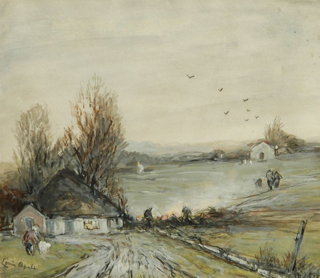 Apol L.F.H.  | Lodewijk Franciscus Hendrik 'Louis' Apol, Farmers stoking up a fire near a farm, Bleistift und Aquarell auf Papier 21,9 x 24,9 cm, signed l.l.