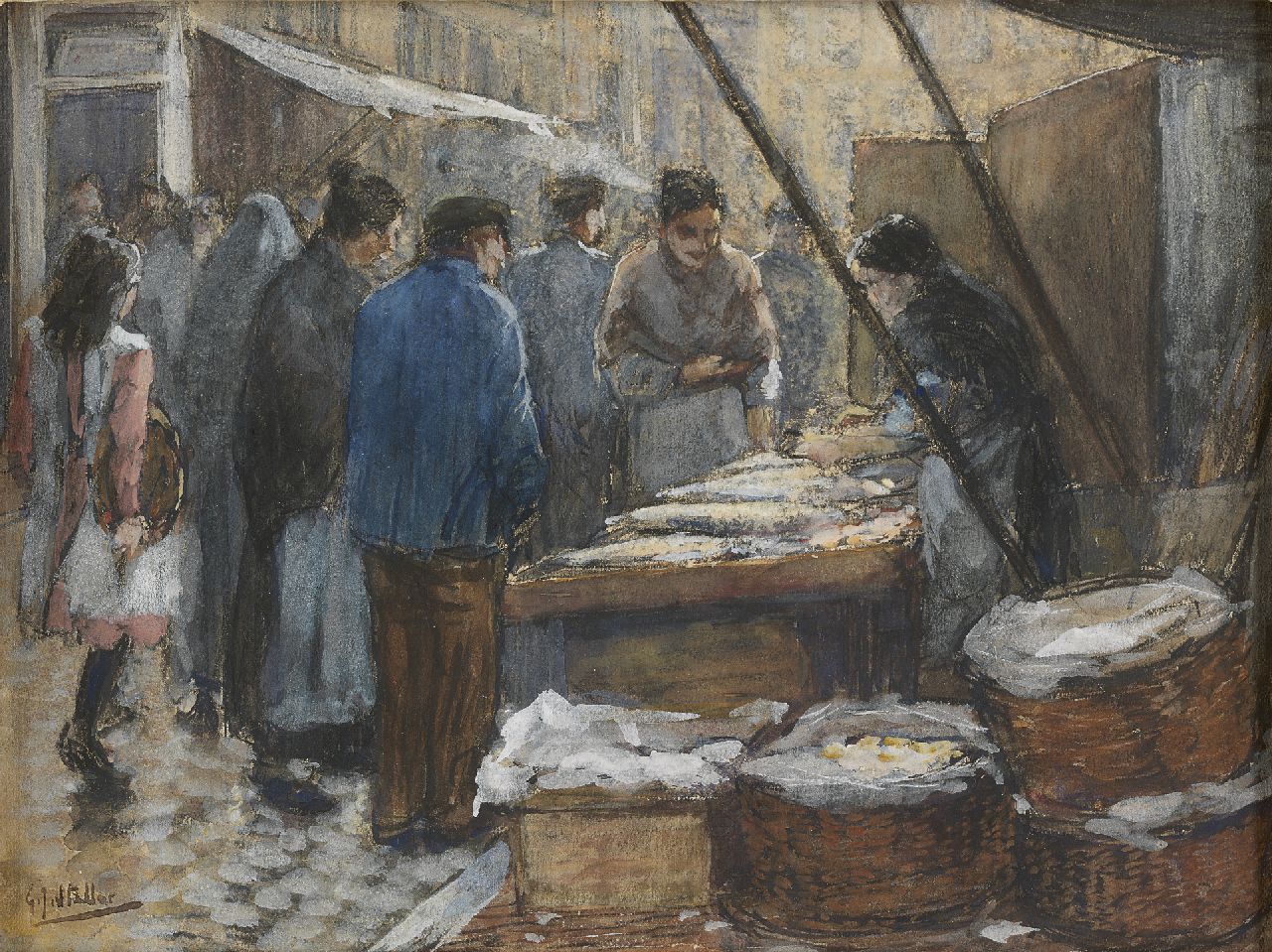 Staller G.J.  | Gerard Johan Staller, Figuren bei einer Amsterdamer Fischbude, Aquarell und Gouache auf Papier 17,5 x 23,5 cm, Unterzeichnet l.u.