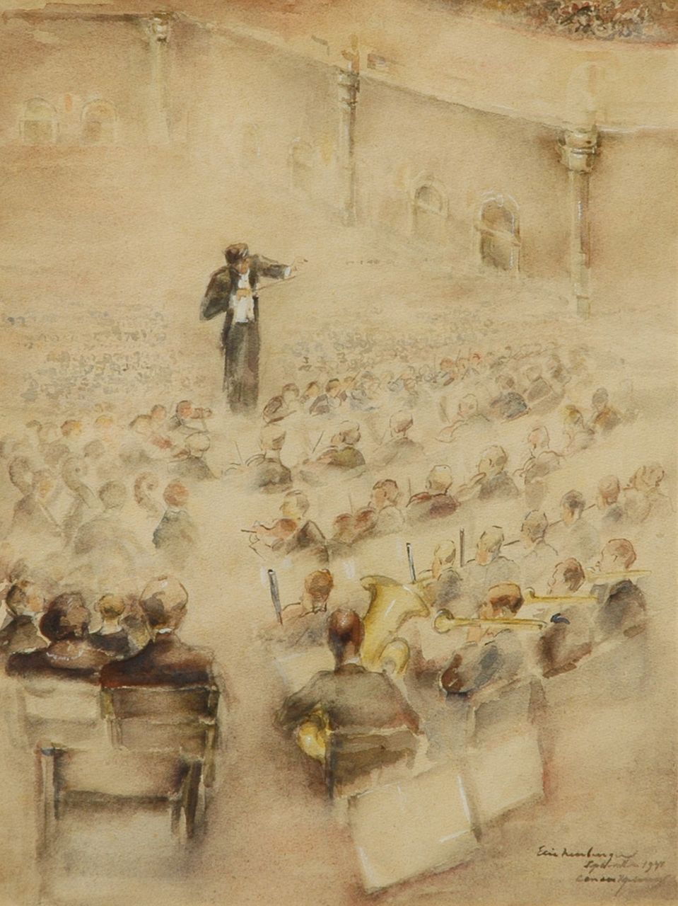 Neuburger E.  | Eliazer 'Elie' Neuburger, In the concert hall, Amsterdam, Aquarell auf Papier 40,0 x 30,0 cm, signed l.r. und dated September 1941