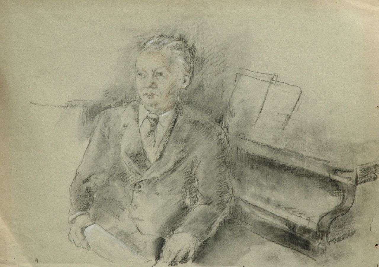 Neuburger E.  | Eliazer 'Elie' Neuburger, Willem Andriessen, seated by a grand piano, Holzkohle und Kreide auf gefärbtem Papier 42,6 x 60,4 cm