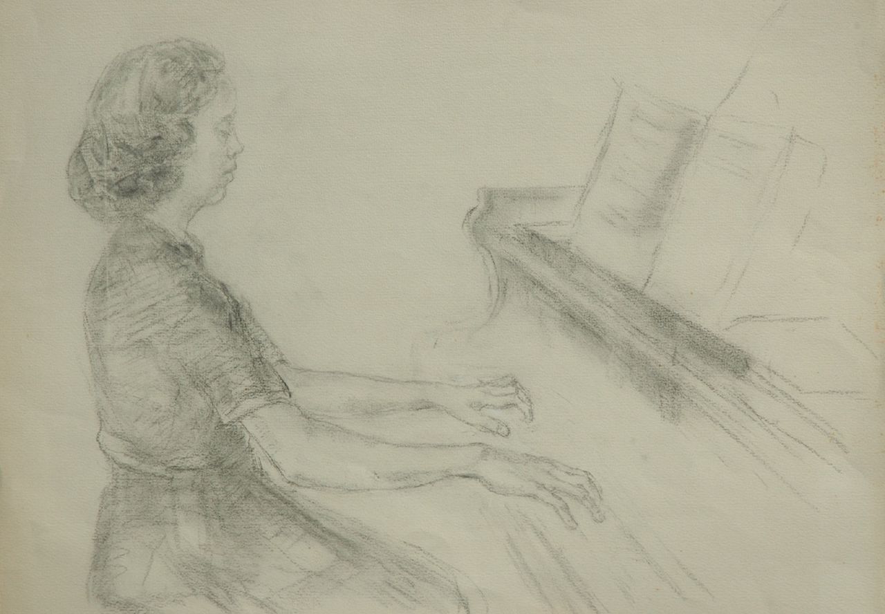 Neuburger E.  | Eliazer 'Elie' Neuburger, Woman playing the piano, sketch, Holzkohle  auf Papier 55,8 x 76,8 cm