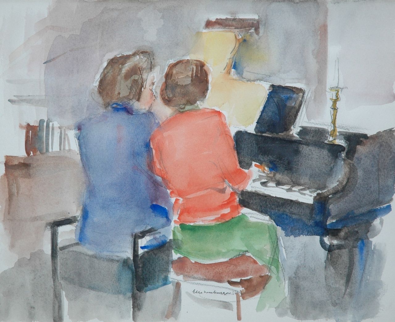 Neuburger E.  | Eliazer 'Elie' Neuburger, Quatre-mains: two women making music, Holzkohle und Aquarell auf Papier 31,0 x 38,0 cm, signed l.m. und dated '54