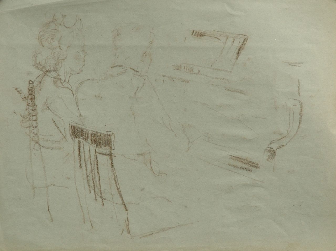 Neuburger E.  | Eliazer 'Elie' Neuburger, Quatre-mains, a sketch, Schwarze Kreide auf Farbpapier 27,8 x 37,4 cm