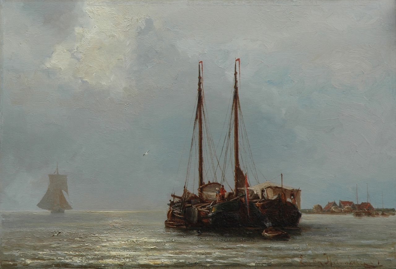 Heemskerck van Beest J.E. van | Jacob Eduard van Heemskerck van Beest, Anchored sailing vessels in a calm, Öl auf Holz 34,3 x 50,1 cm, signed l.r.