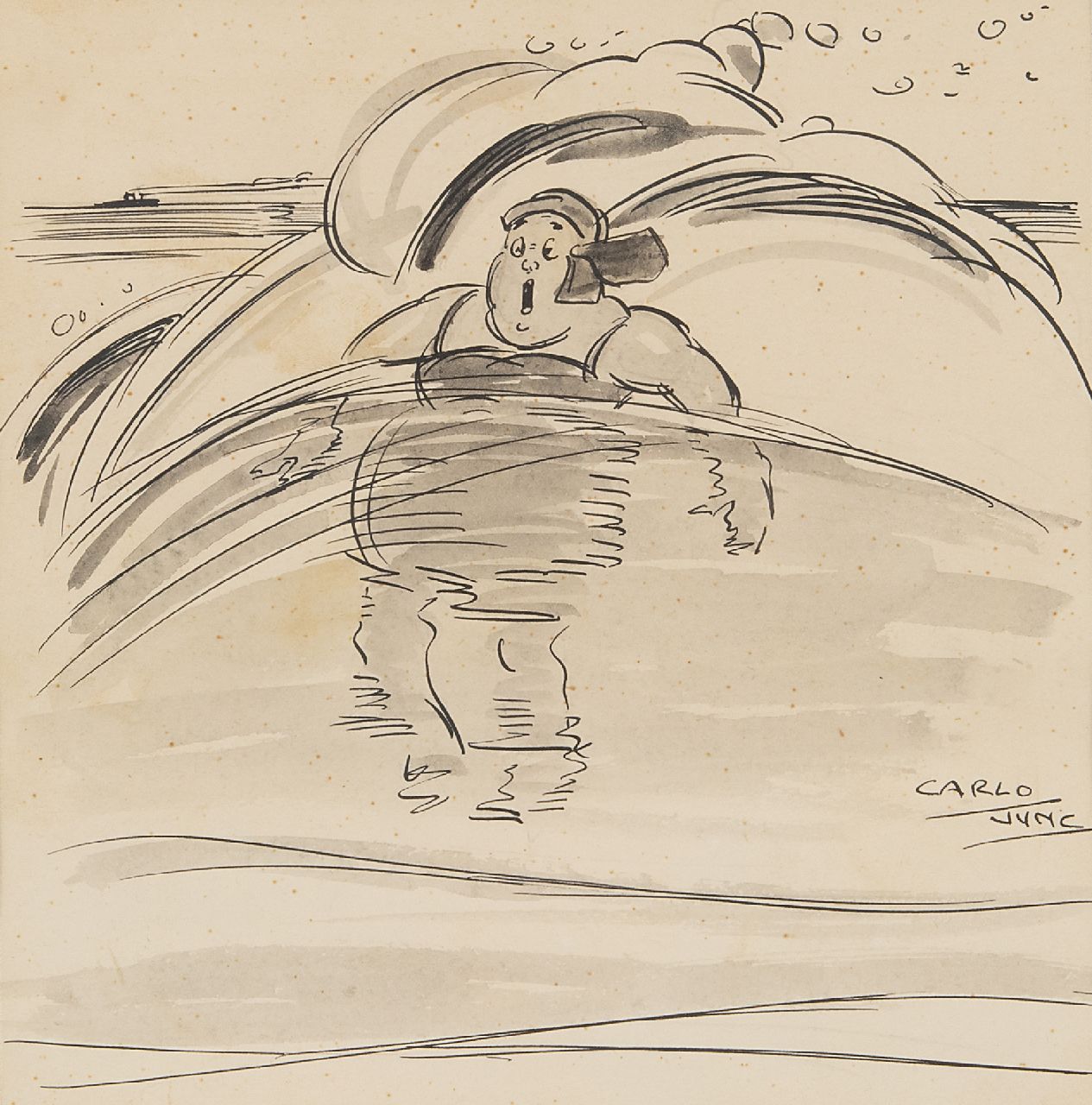Carlo Jung | Die unerwartete Welle, Ausziehtusche auf Papier, 20,0 x 19,0 cm, Unterzeichnet r.u.