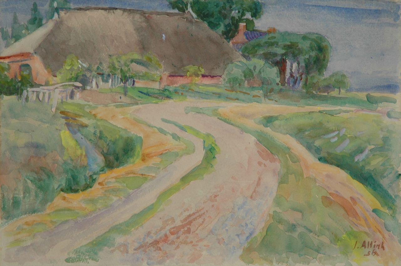 Altink J.  | Jan Altink, Road along a farm, Groningen, Aquarell auf Papier 38,0 x 57,0 cm, signed l.r. und datiert '56
