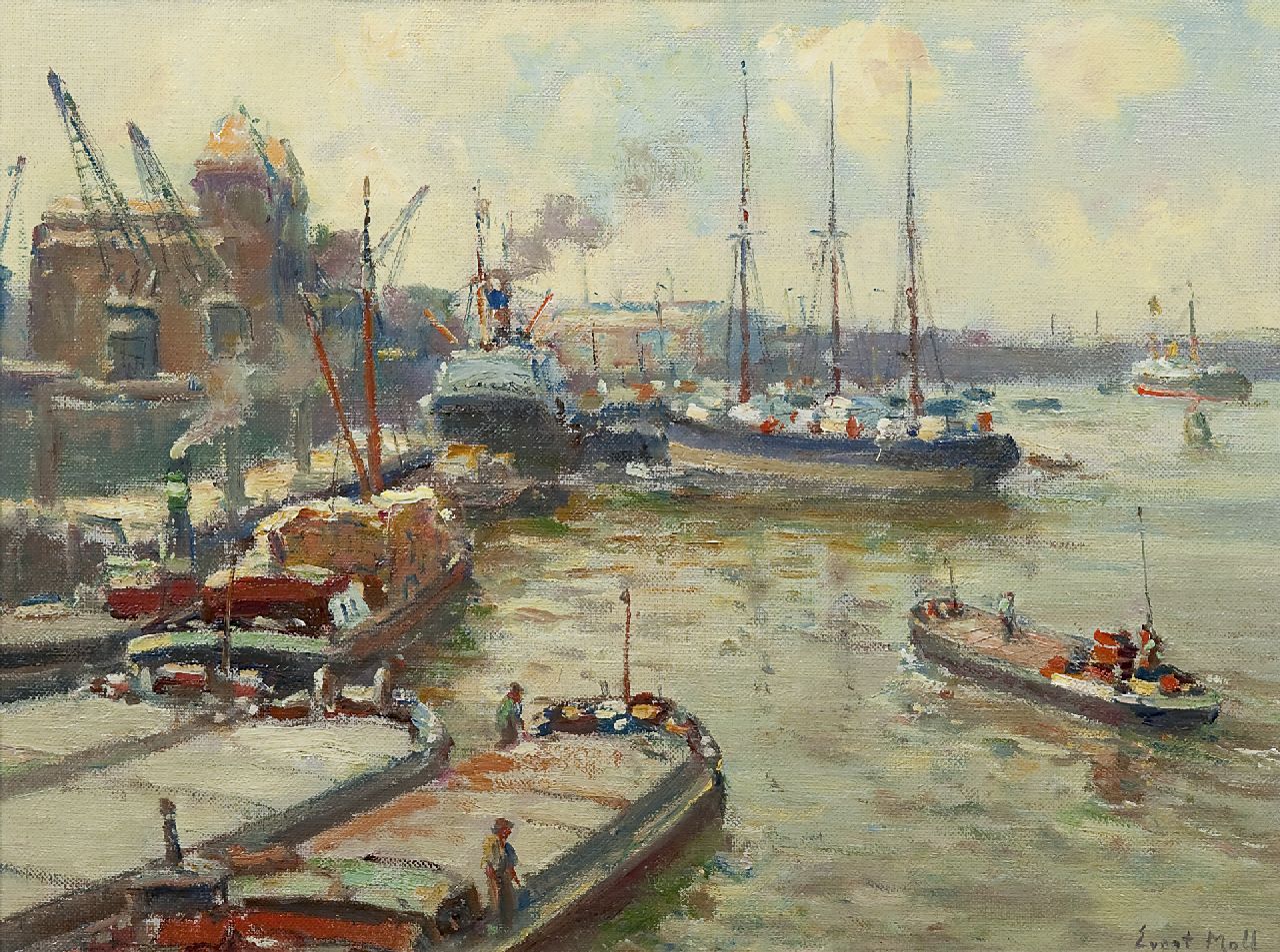 Moll E.  | Evert Moll, Activity in the Maas harbour, Öl auf Leinwand 30,3 x 40,3 cm, signed l.r.