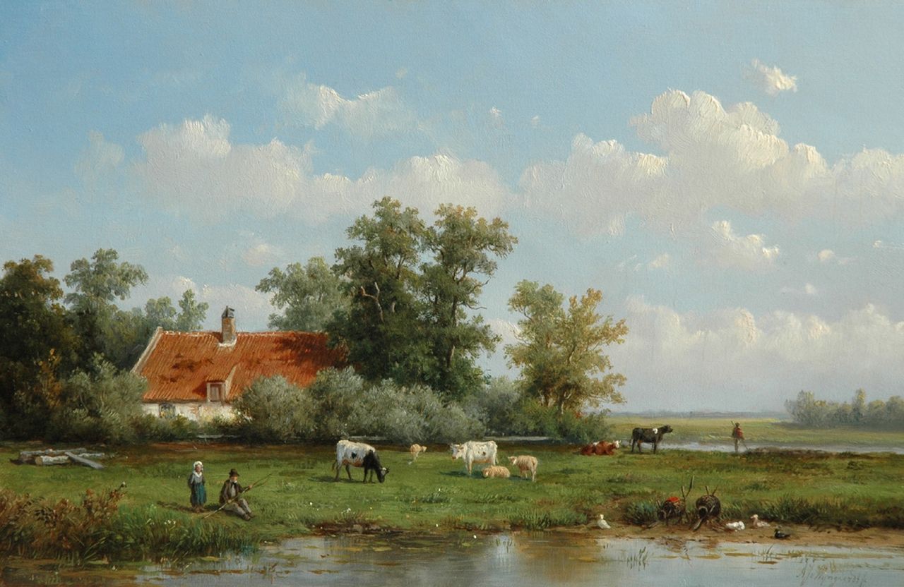 Wijngaerdt A.J. van | Anthonie Jacobus van Wijngaerdt, A peasant with his cattle in a polder landscape, Öl auf Holz 24,1 x 36,8 cm, signed l.r.