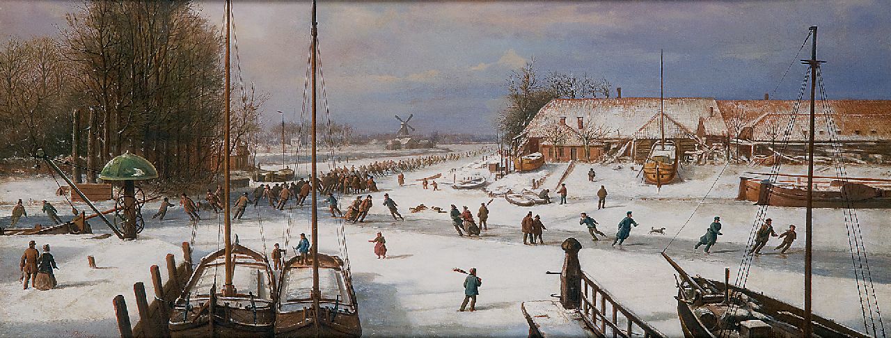 Plügger J.  | Jacob Plügger, Skaters on a frozen river, Öl auf Holz 40,5 x 104,0 cm, signed l.l.